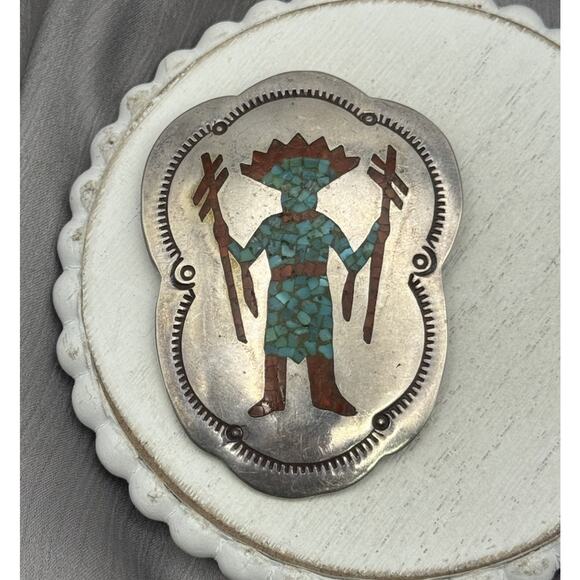 Vtg Navajo Silver Pendant w. Elaborate Stone Inlay Figure Charlie John 2.7in/36G